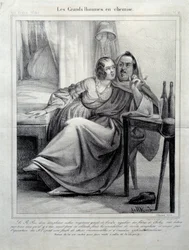 Les grands hommes en chemise 作家Honore de Balzac（1799-1850）がタバコを吸いながら若い女性を盛り上げている様子を表現したもの。E.アレット（19世紀）のイラスト パリ、メゾン・バルザック