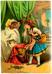 祖母のベッドで狼を発見する赤ずきんちゃん (Chromolithography late 19th century)