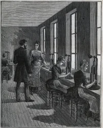 金属製フェザーの製造：19世紀のフランスのデコパージュ工房。Adolphe BITARDの "Les arts et metiers illustres "に掲載された1885年の図版。
