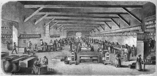 ボルドーのLouit freresでマスタードや缶詰を製造。瓶詰めと包装室。1865年に描かれたもの。