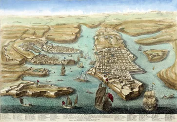 マルタ島の港とその要塞、城の地図。18世紀のエングレーヴィング。