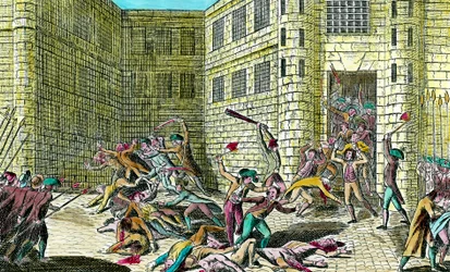 1792年9月、サンジェルマン修道院の囚人たちが民衆に虐殺される。フランス革命の風景。18世紀のエングレーヴィング。個人蔵。