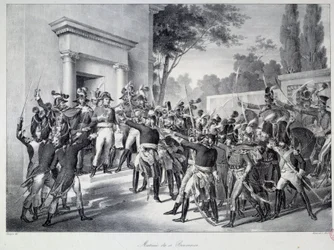 ナポレオン・ボナパルト（1769-1821）の18ブルメールの朝7時頃の将軍・将校の会議 ナポレオン・ボナパルトによる18ブルメールのクーデター（1799年9月11日） コンセイユ・デ・サンク・センツ（サンク・センツ）（salle des 500）でDirectoiを終了する