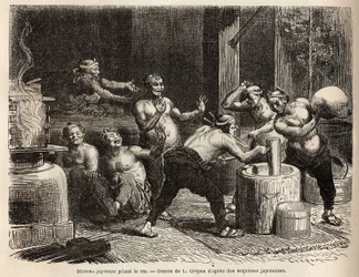 ライスビールを作るために醸造する前の米を搗くミトロン。1863年から1864年にかけてスイス連邦公使アイム・アンベールが行った日本への航海を描いたもので、1869年にエドワール・シャルトンが編集した「Le tour du monde」に掲載されている。