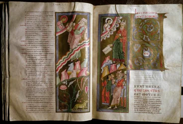 律法の表を受け取るモーゼ 写本 "Gebhardt Bibel"(Admont)の二重のページ(f.68v., 69r) 12世紀 ウィーン オスタライシュ国立聖書館