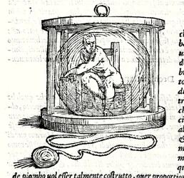 ニコリ・フォンタナの2つ目のスーツ「Tartaglia」（1499～1557年）。このスーツにはクリスタルの球体があり、ダイバーはその中に身を隠すことができます。16世紀のエングレーヴィング。