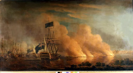 フランスのブルロットによるケベック港のイギリス艦隊への夜間攻撃：1759年6月28日にイギリス軍が奪取。絵画