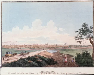 ドナウ川に架かる橋を中心としたウィーンの街の概観。オーストリア 1830年のエングレーヴィング 個人蔵