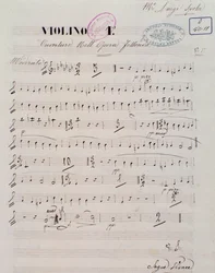 ルイ・スポールのオペラ「ジェソンダ」序曲の第一ヴァイオリンの譜面のページ。