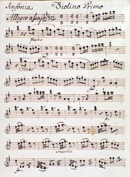 モーツァルト（1765）の交響曲第4番ニ調の第1ヴァイオリン用楽譜のページ。