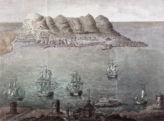 ジブラルタルとジブラルタル海峡のパノラマ。19世紀。マドリード、国立図書館。