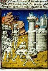 Philip II Auguste (1165-1223) a Chinon - 14世紀後半の "Grandes chronicles de Saint-Denis "のミニチュア。(ref. 512, 237r) トゥールーズ市営図書館への許可申請 (tel: 05 62 27 66 66)