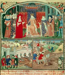 フィリップ・ザ・ベル・トルナン（1268-1314）の耕作シーンと商人シーン。Gilles de Rome（v.1247-1316）の「Livre du régime des princes」のミニチュア、パリ、B N
