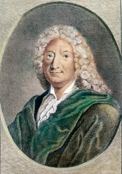 フランスの作家、アラン・ルネ・レサージュ（Alain-Rene Le Sage）（1668-1747）の肖像。18世紀のエングレーヴィング。個人蔵
