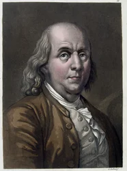 アメリカの政治家・物理学者であるベンジャミン・フランクリン（1706-1790）の肖像 - ジュール・フェラリオ作「古今東西の衣装」にて 1819-1820年