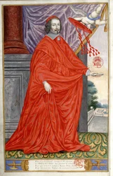 ジュール・マザラン枢機卿（ジュリオ・ライモンド・マザリーノまたはマザリーノ）（1602-1661年）の肖像。Jean Puget de La Serre, Panegyric of the illustrious men of our time（ジャン・ピュジェ・ド・ラ・セールの『現代の輝かしい人々の物語』）にベラムに描かれた肖像。1655