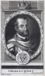 スペインとスペイン領アメリカの王、シチリアの王、神聖ローマ帝国ゲルマン皇帝（1519-1556年）であるシャルル5世（1500-1558年）の肖像。フラミアヌス・ストラーダ著『フランドル戦争史』の挿絵、ジョセフ・T・セルステヴァンス版