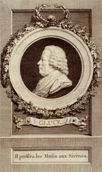 ドイツの作曲家クリストフ・グルック（1714-1787）の肖像 エングレーヴィング。18世紀ボローニャ、市民音楽博物館