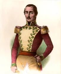 コロンビアの軍人・政治家で、1819年の独立の英雄であるサンタンデール将軍（フランシスコ・デ・パウラ）（1782-1840）の肖像。1836年のエングレーヴィング 個人蔵
