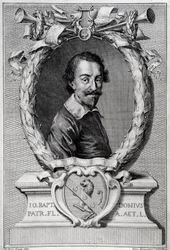 Giovanni Battista Doni (1596-1647) イタリアの音楽学者の肖像 "Lyra Barberin "の表紙からのエングレーヴィング
