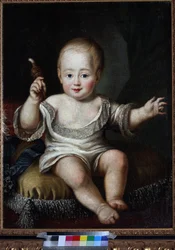 ロシア大公アレクサンドル・パヴロヴィッチ（1777-1825）の赤ん坊時代の肖像、匿名。キャンバスに油彩、1770年代末