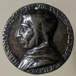 ジェローム・サボナローラまたはジローラモ・サボナローラ（1452 - 1498）の肖像。フィレンツェに神道的な政権を築いた。当時のロケット。