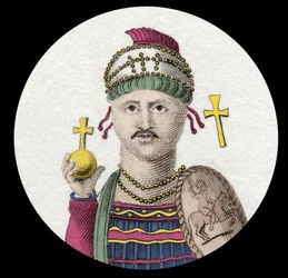 ユスティニアヌス1世（大帝）の肖像（Flavius Petrus Sabbatius Justinianus）（482-565）。オリエントのローマ皇帝。19世紀のエングレーヴィング。
