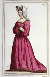ボーモン夫人マルグリット・ドゥ・サセナージュの肖像（1449年頃～1491年）。ルイ11世の侍女。1830年のエングレーヴィング。