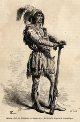 オセオラ（1804-1838）の肖像。セミノール族の指導者で、フロリダ戦争（1835-1842）中のアメリカ合衆国に対するインディアンの抵抗を率いた。1851-1852年にアシル・プセルグが著した物語『フロリダでの4か月』の挿絵として制作された版画、出版