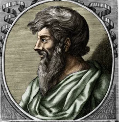 ギリシャの数学者・哲学者、ピタゴラス（紀元前570年頃〜紀元前480年頃）の肖像。18世紀のエングレーヴィング