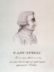 イタリアのヴァイオリニスト兼作曲家ピエトロ・ロカテッリ（1695-1762）の肖像 エングレーヴィング。18世紀ボローニャ市立音楽博物館