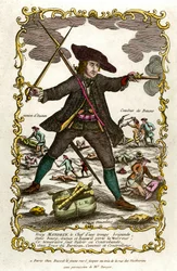 フランスの山賊、ルイ・マンドリン（1725年頃〜1755年）の肖像。後ろにはオートゥンの行動とボーヌの戦いが描かれている。18世紀のエングレーヴィング。個人蔵