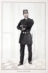 主任検査官（1894年）。アルフレッド・レイ(1864-?)とルイ・フェロン(1862-?)がセーヌ川の警察官だったルイ・ルピーヌ(1846-1933)の後援で出版した本「平和の戦士たちの歴史」の挿絵のためのカラー・エッチング。