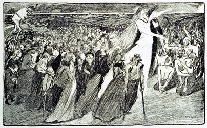 ルルドでの巡礼の列、Theophile Alexandre Steinlen (1859 - 1923)による寓話、Emil Zola (1840-1902)の "Lourdes "の挿絵、"Gil Blas illustrious "より引用。