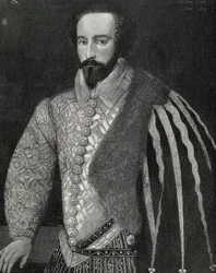 ローリー、サー・ウォルター（1554-1618）。イギリスの船乗り、探検家、仲買人。ウォルター・ローリー卿の肖像。ロンドン国立肖像画美術館に保存されている匿名の原画をもとに、1891年にエングレーヴィングされた。エングレーヴィング。
