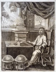 ルネ・デカルト（1596 - 1650）のオフィスで科学機器を持つ。17世紀のエングレーヴィング。