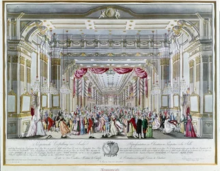 ヴォルフガング・アマデウス・モーツァルト（1756-1791）作「皇帝ティートの慈悲」の上演。1791年、オーストリア皇帝レオポルト2世（1747-1792）がボヘミア王として戴冠した際の祝宴で、プラハの王通りの劇場にて。プラハ博物館