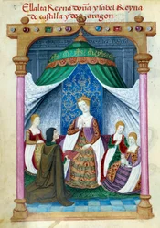 ポルトガルのイザベラ女王 アラゴンのイザベラ女王（1271-1336）が仲間に囲まれ、ペドロ・マルクーロが彼女に本を差し出す様子を表しています。スペイン王妃ジョアン・ザ・フォル（1479-1555）の献身のコレクション」から抜粋した原稿のページ。