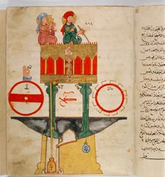 トルコ人技師Ibn al-Rajjaj al-Jazari (Al Rajjaj Al Jazari) (1136-1206)が考案した、血液量を測定するための器具を表したもの 1203年頃、トルコ人技師Ibn al-Rajjaj al-Jazari (Al Rajjaj Al Jazari) (1136-1206)が考案したもの。M