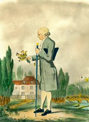 スイスの哲学者ジャン・ジャック・ルソー（1712-1778）がエルメノンヴィルで花を摘んでいる様子を表現したもの。18世紀のエングレーヴィング。個人蔵。