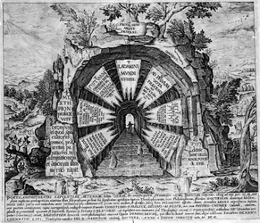 永遠の命を象徴する「神秘の家」の入り口の表現。Amphitheatrum sapientiae aeternae（永遠の知恵の円形劇場）」のエングレーヴィング。(永遠の知恵の円形劇場） [Hamburg: s.n.