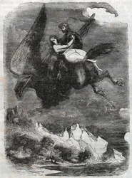 ロジャー（ルッジェーロ、ルッジェーロ）とアンジェリーク（アンジェリカ）のヒポクロウ-1851年の版画（アリオストことルドヴィコ・アリオストの「Roland furieux」（Orlando furioso）（16世紀）より）-トレサン伯爵がイタリア語から翻訳して出版した版。