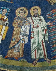 聖プラセデ（プラセデ）と聖パウロ詳細。830年頃の匿名のモザイク画。ローマ、サンタ・プラッセーデ大聖堂の凱旋門