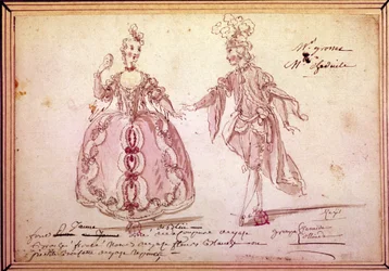 風景画：Jean Philippe (Jean-Philippe) Rameau (1683-1764) 1764年の牧歌「Nais」の衣装のデッサン。水彩画。