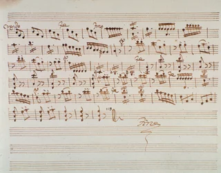 モーツァルトのオペラ「ポントの王ミトリデート」の冒頭の第一ヴァイオリンの楽譜ページ（1770年