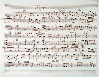 モーツァルトのオペラ「ポントの王ミトリデート」の冒頭の第一ヴァイオリンの楽譜ページ（1770年
