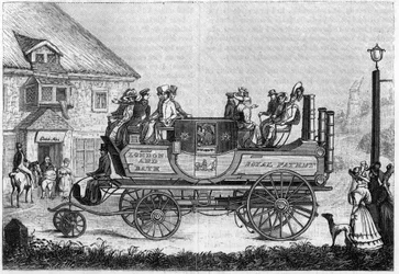 1827年にガーニー（Gurney Goldsworthy）がロンドンで実験した蒸気自動車。