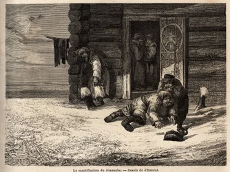 日曜日の聖餐にはクミンの酒、ドルパットの労働者がいる。1851年から54年にかけてのロシア・バルト地方への旅行を説明するために、アンリエが描いたもの。エドゥアール・シャルトン編『世界旅行』に掲載されている図版