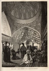 シュシャのモスクで祈りを捧げるタタール人（ロシア、トランスコーカサス）。1864-1865年にバジル・ヴェレスチャギーヌが行ったコーカサス地方での航海を説明するためのエングレーヴィング。