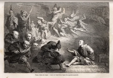 夢の悪魔または日本の民間伝承における下位の神である天狗。ズーモルフであり、魔力を備えたカラスの姿をとる。日本では美術、演劇、文学で人気の題材である。1863-1864年の日本への航海を描くための版画、Aim作